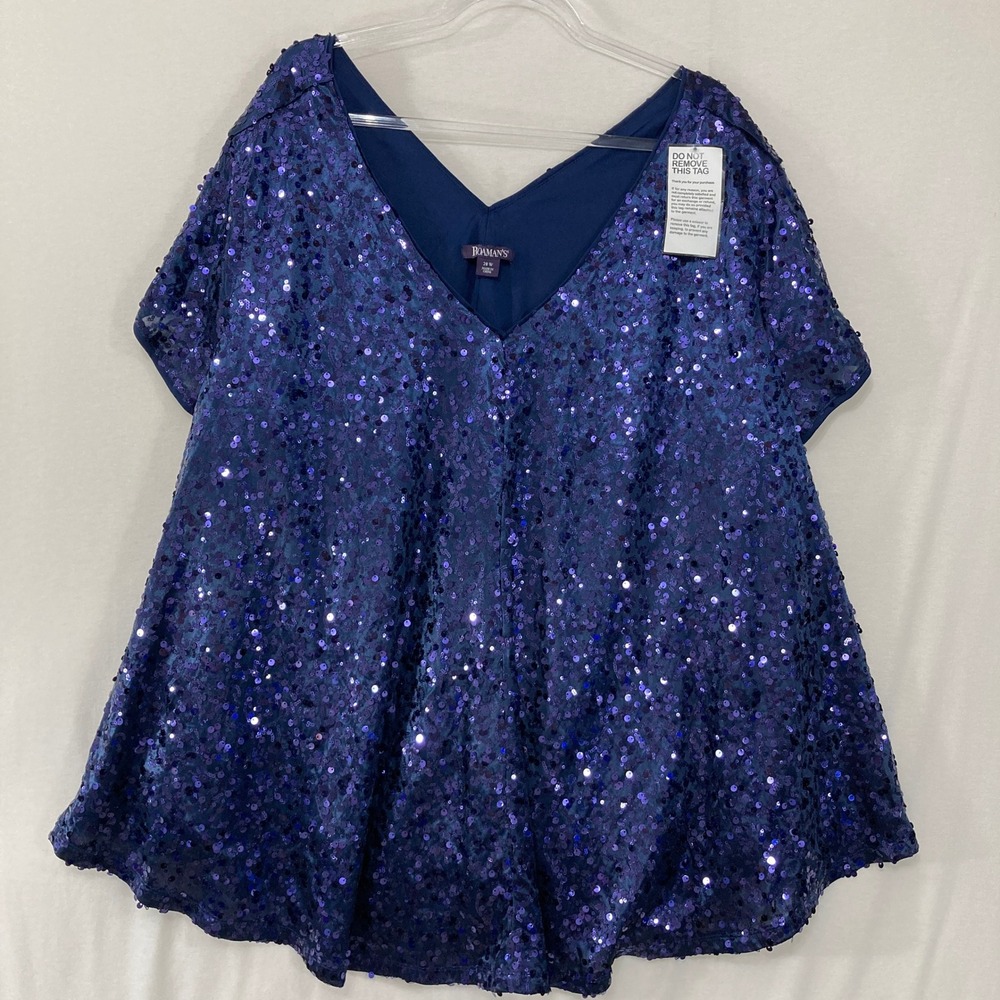 New Roaman's Sequin V-Neck Blouse size 28W Navy Sparkle Party Evening Festival
